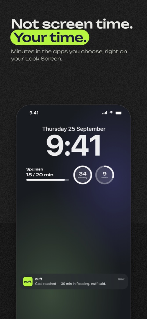 Lock Screen with nuff widgets: Spanish 18 of 20 minutes, Reading 34, News 9.