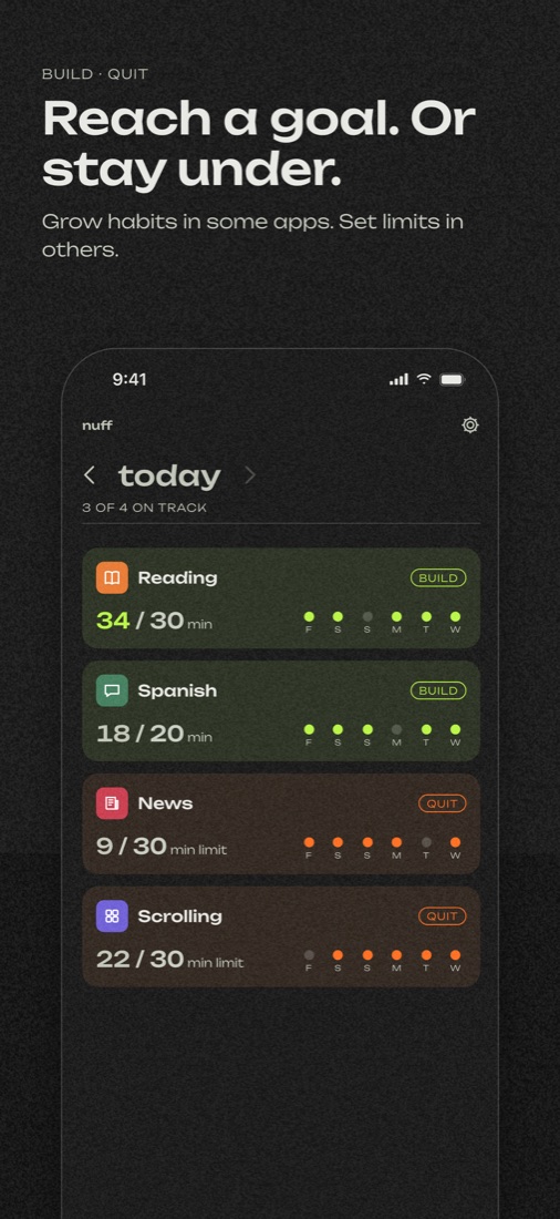 nuff home: two apps with daily goals and two with daily limits, with today’s minutes and the last 7 days.