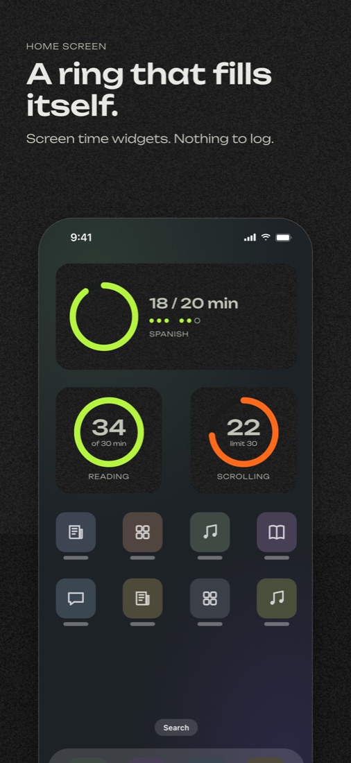 Home Screen with nuff ring widgets for Spanish, Reading and Scrolling.