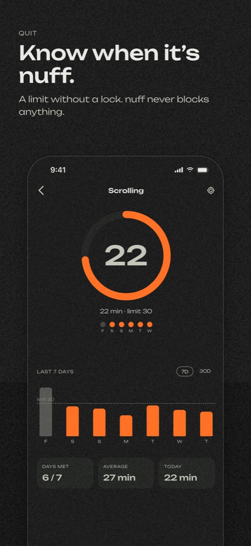 Scrolling detail: 22 minutes against a daily limit of 30.